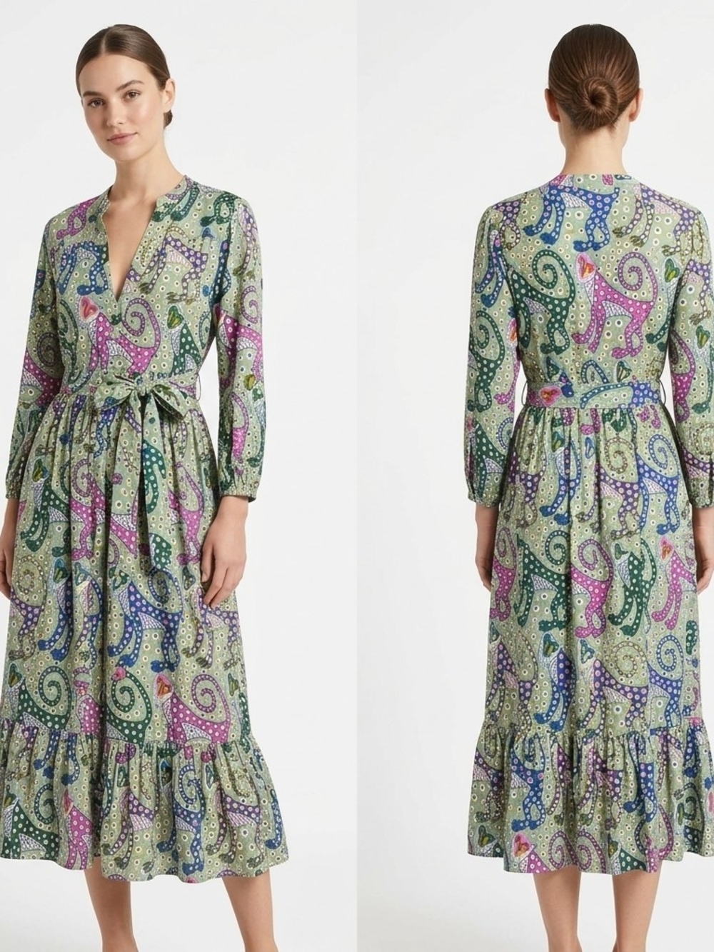 Fox & Hen Printed Long-Sleeve Midi Dress in Green Paisley XS